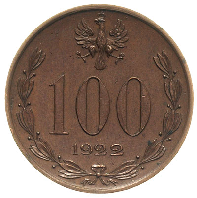 100 (marek) 1922, Józef Piłsudski, miedź 9.14 g, Parchimowicz P-166.a, nakład 60 sztuk, pięknie zachowane, ładna patyna, bardzo rzadkie