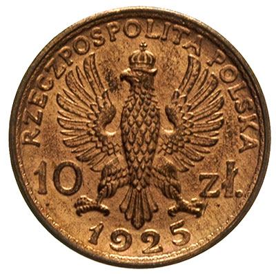 10 złotych 1925, Dwie Głowy, brąz złocisty 3.39 g, Parchimowicz P-150.a, wybito 100 sztuk, bardzo ładne, bardzo rzadkie