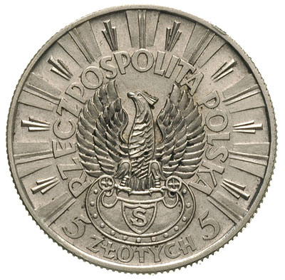 5 złotych 1934, Orzeł Strzelecki - Józef Piłsudski, na rewersie wypukły napis PRÓBA, srebro 11.03 g, Parchimowicz P-147.a, nakład nieznany, wybite stemplem lustrzanym, bardzo rzadkie