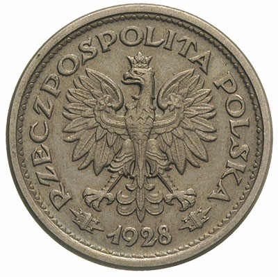 1 złoty 1928, Nominał w wieńcu z liści dębowych, bez napisu próba, nikiel 7.02 g, Parchimowicz P.126.a, wybito 35 sztuk, rzadka