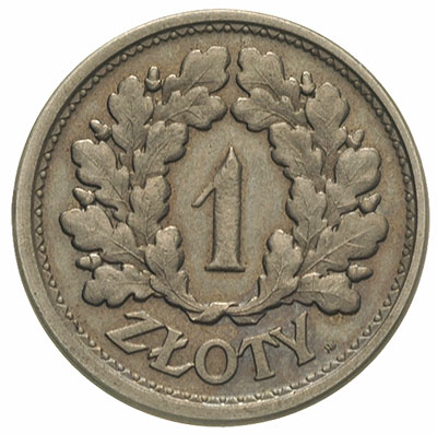 1 złoty 1928, Nominał w wieńcu z liści dębowych, bez napisu próba, nikiel 7.02 g, Parchimowicz P.126.a, wybito 35 sztuk, rzadka