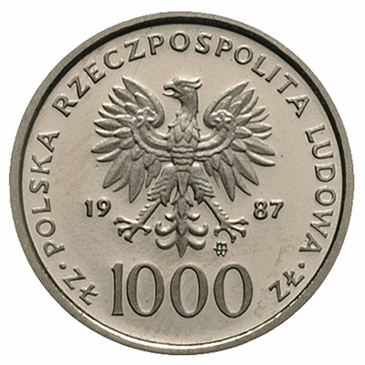 1.000 złotych 1987, Jan Paweł II, na rewersie wypukły napis PRÓBA, nikiel, Parchimowicz P-510.a