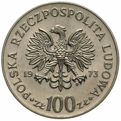 100 złotych 1973, popiersie Mikołaja Kopernika - projektu St. Wątróbskiej, na rewersie wypukły napis PRÓBA, nikiel, Parchimowicz P-354.b