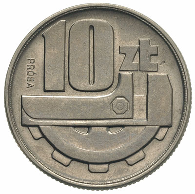 10 złotych 1960, Klucz i koło zębate, na rewersie wypukły napis PRÓBA, nikiel, Parchimowicz P-235.b