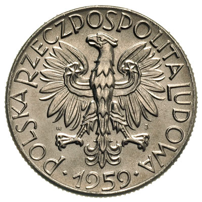 5 złotych 1959, Kielnia i młotek, na rewersie wypukły napis PRÓBA, nikiel, Parchimowicz P-228.b