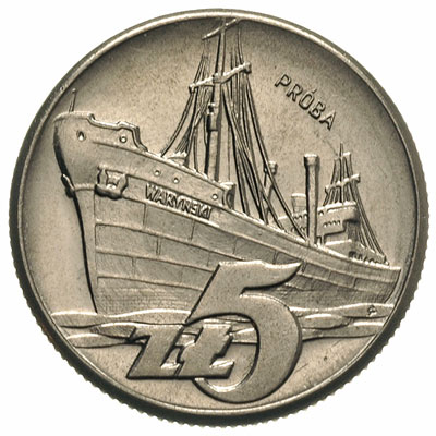 5 złotych 1960, Statek \Waryński, na rewersie wypukły napis PRÓBA
