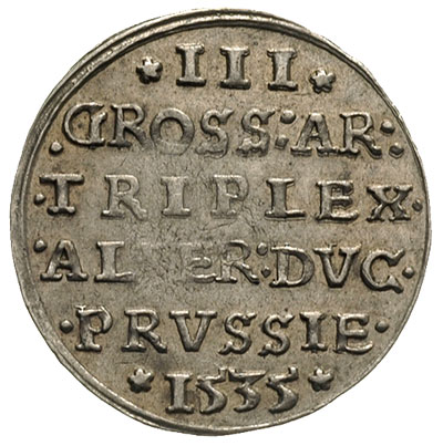 trojak 1535, Królewiec, na awersie napis PRVSS, 