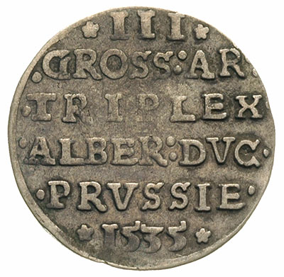 trojak 1535, Królewiec, na awersie napis PRVSSI, Iger PR.35.1.d, Bahr. 1152