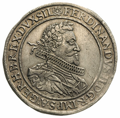 talar 1627, Wrocław, Aw: Popiersie Ferdynanda w prawo i napis, Rw: Orzeł cesarski i napis, 29.04 g, F.u.S. 213, Dav. 3156, rzadki