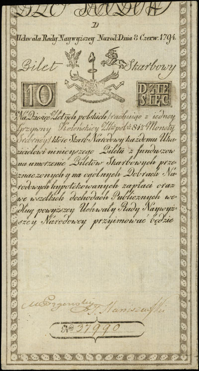 10 złotych 8.06.1794, seria D, Miłczak A2, Lucow 21 (R3), widoczny fragment firmowego znaku wodnego, piękny egzemplarz
