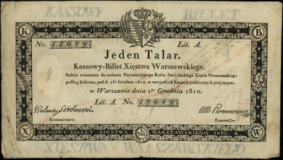 1 talar 1.12.1810, podpis Walenty Sobolewski, stempel na stronie odwrotnej, Miłczak A12bh, Lucow 58 (R2)
