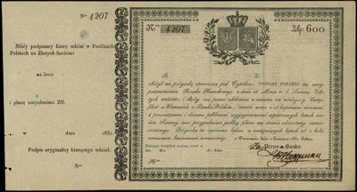 certyfikat 4% pożyczki \Posiłki Polskie\" na sumę 600 złotych 1.06.1831