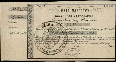 obligacja tymczasowa na 100 złotych 1863, z numeracją i stemplami, Lucow 210 (R2), Moczydłowski S4