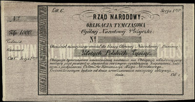 obligacja tymczasowa na 1.000 złotych 1863, bez numeracji i stempli, Lucow 212 (R3), Moczydłowski S6