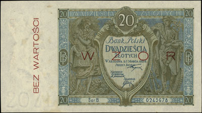 20 złotych 1.03.1926, WZÓR, seria B 0245678, Miłczak 63a, Lucow 628 (R6), banknot bez zagięć, ale lekko poplamiony