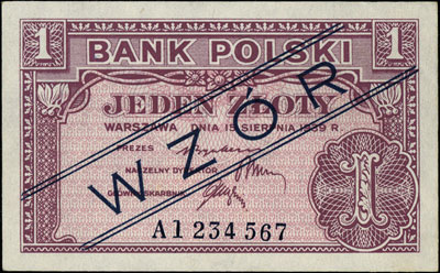 1 złoty 15.08.1939, WZÓR, seria A 1234567, Miłczak 79b, Lucow 1005 (R5), minimalne przebarwienia papieru