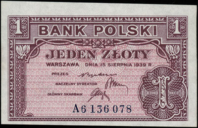 1 złoty 15.08.1939, seria A, Miłczak 79a, Lucow 1006 (R5), niewielkie ugięcie prawego górnego rogu od spinacza
