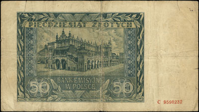 50 złotych 1.08.1941, seria C, z nadrukiem: G-O-N / POLSKA WALCZY / I ZWYCIĘŻA, Lucow 976-977 (R7) - nie notuje tego nadruku na banknocie 50-złotowym, rzadka odmiana, naddarcia na marginesach
