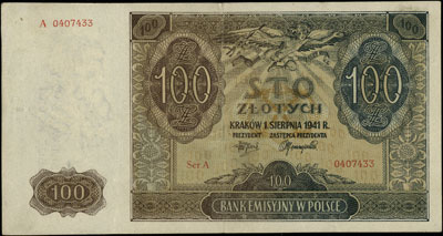 100 złotych 1.08.1941, seria A, z nadrukiem: POLSKI WOJSKOWY / OBÓZ KOBIET, Lucow 992-993 (R6) - nie notuje nadruku na takim banknocie, rzadkie i ładnie zachowane