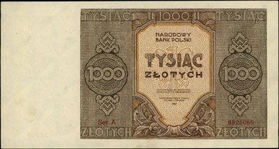 1.000 złotych 1945, seria A, Miłczak 120a, Lucow 1151 (R6), banknot bez przełamań, ale nieświeży papier, rzadki w tym stanie zachowania