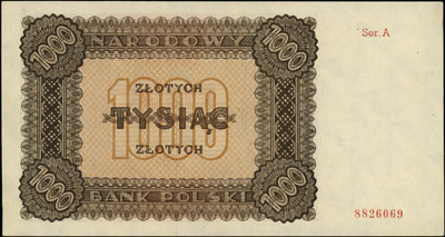1.000 złotych 1945, seria A, Miłczak 120a, Lucow 1151 (R6), banknot bez przełamań, ale nieświeży papier, rzadki w tym stanie zachowania