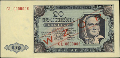 20 złotych 1.07.1948, seria GL 0000006, WZÓR Jaroszewicza*, Miłczak 137f, Lucow 1266 (R4), wyśmienite