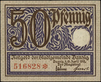 Gdańsk, 2 x 50 fenigów 15.04.1919, odmiany w kolorze fioletowym oraz zielonym, Podczaski WD-100.F.1.c i WD-100.F.1.a, Ros. 790 i 791, razem 2 sztuki