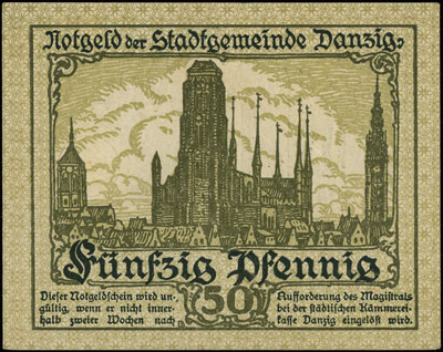 Gdańsk, 2 x 50 fenigów 15.04.1919, odmiany w kolorze fioletowym oraz zielonym, Podczaski WD-100.F.1.c i WD-100.F.1.a, Ros. 790 i 791, razem 2 sztuki