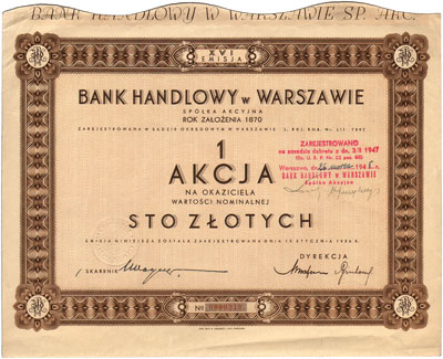 Bank Handlowy w Warszawie S.A., 1 akcja na 100 złotych 15.01.1936, XVI emisja, talon z 8 kuponami