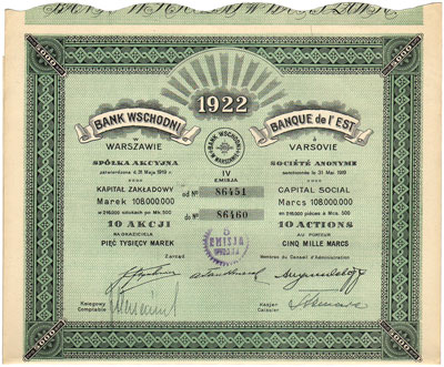 Bank Wschodni w Warszawie S.A., 10 akcji po 500 marek = 5.000 marek 1922, IV emisja, z 10 kuponami