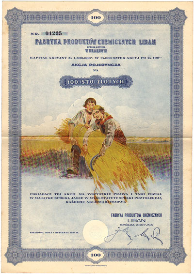 Fabryka Produktów Chemicznych Liban S.A., akcja na 100 złotych 1.01.1925, Kraków, talon z 6 kuponami, bardzo dekoracyjna, efektowna
