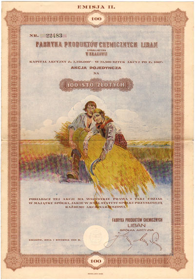 Fabryka Produktów Chemicznych Liban S.A., akcja na 100 złotych 1.01.1929, Kraków, II emisja, talon z 10 kuponami, efektowna i rzadka