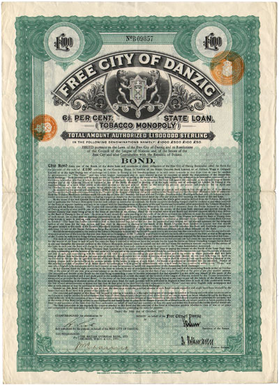 Free City of Danzig (Tobacco Monopoly) /Wolne Miasto Gdańsk-Monopol Tytoniowy/, 6 1/2 % pożyczka na 100 funtów 10.10.1927, Gdańsk, z 16 kuponami, rzadka