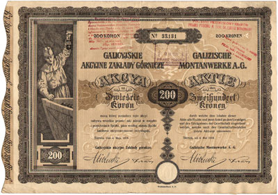 Galicyjskie Akcyjne Zakłady Górnicze, akcja na 200 koron, Siersza  4.05.1918, talon z 4 kuponami, rzadka