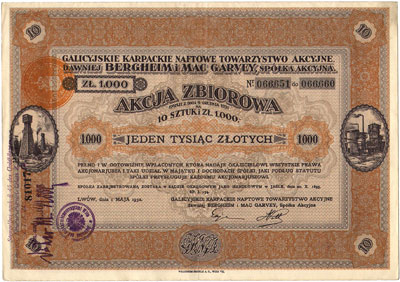 Galicyjskie Karpackie Naftowe Towarzystwo Akcyjne (dawniej Bergheim i Mac Garvey), akcja zbiorowa na 10 x 100 złotych = 1.000 złotych 1.05.1932, talon z 14 kuponami, ładna szata graficzna