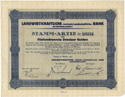 Landwirtschaftliche (Landschaftliche) Bank AG, akcja na 25 guldenów 10.1924, Gdańsk bez kuponów