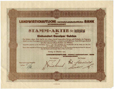 Landwirtschaftliche (Landschaftliche) Bank AG, akcja na 100 guldenów 10.1924, Gdańsk, bez kuponów