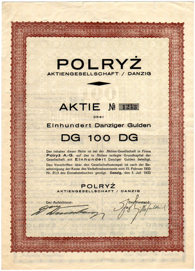 Polryż AG Danzig, akcja na 100 guldenów 1.07.193