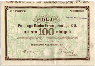 Polski Bank Przemysłowy S.A., akcja na 100 złotych 29.12.1926, Lwów, talon z 17 kuponami