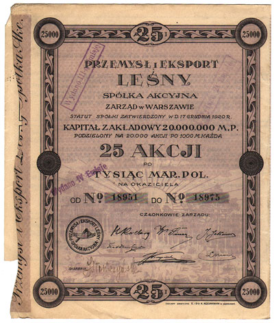 Przemysł i Eksport Leśny S.A., 25 akcji po 1.000 marek polskich = 25.000 marek polskich 1921, Warszawa, talon z 8 kuponami