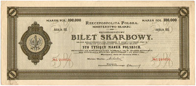 Rzeczpospolita Polska, Ministerstwo Skarbu, 5 % bilet skarbowy na 100.000 marek polskich 10.01.1922, seria III, Moczydłowski B.10
