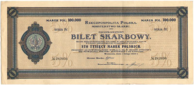 Rzeczpospolita Polska, Ministerstwo Skarbu, 5 % bilet skarbowy na 100.000 marek polskich 1.02.1923, seria IV, Moczydłowski B.12