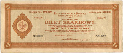 Rzeczpospolita Polska, Ministerstwo Skarbu, 5 % bilet skarbowy na 100.000 marek polskich 1.02.1923, seria IV, Moczydłowski B.13