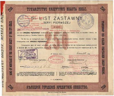 Towarzystwo Kredytowe Miasta Kielc, 5% list zastawny na 250 rubli 6.06.1914, Kielce, seria I, bez kuponów