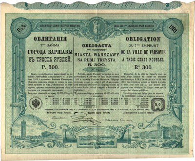 Warszawa, obligacja 7% pożyczki na 300 rubli 1.10.1903, Warszawa, talon z 14 kuponami, niski nakład