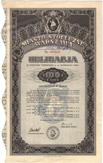 Warszawa, obligacja 5% pożyczki terenowej na 100 złotych w złocie 1.04.1935, Warszawa, talon z 13 kuponami