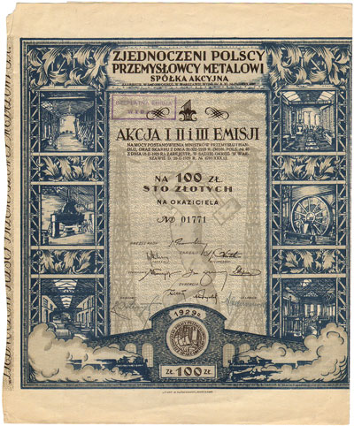 Zjednoczeni Polscy Przemysłowcy Metalowi S.A., 1 akcja I, II i III emisji na 100 złotych 1929, talon z 10 kuponami
