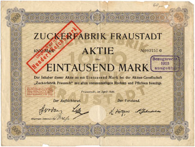 Zuckerfabrik Fraustadt /Cukrownia Wschowa/, akcja na 1.000 marek 04.1920, Fraustadt, bez kuponów, ciekawa akcja działającej do dziś, ale będącej obecnie w likwidacji cukrowni