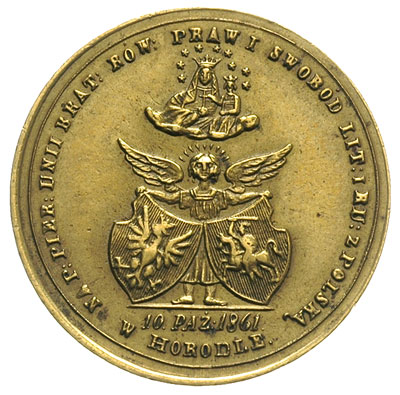 medal patriotyczno-religijny wybity w 1861 r. na pamiątkę Unii w Horodle, Aw: Postacie Jadwigi i Jagiełły, Rw: Anioł trzymający tarcze z herbami Polski i Litwy, powyżej Matka Boska z Dzieciątkiem, mosiądz 28 mm, H-Cz. 3844 (srebro)