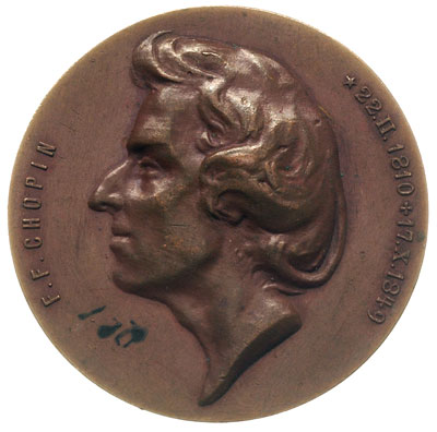 Fryderyk Chopin- medal autorstwa Wacława Szymanowskiego 1899 r., Aw: Głowa w prawo i napis F F CHOPIN - *22 II 1810 + 17 X 1849, Rw: Lira na tle nut, skośnie gałązka i ukryta data 1899, wyżej napis 50 JUBIL.,  brąz 40 mm. patyna